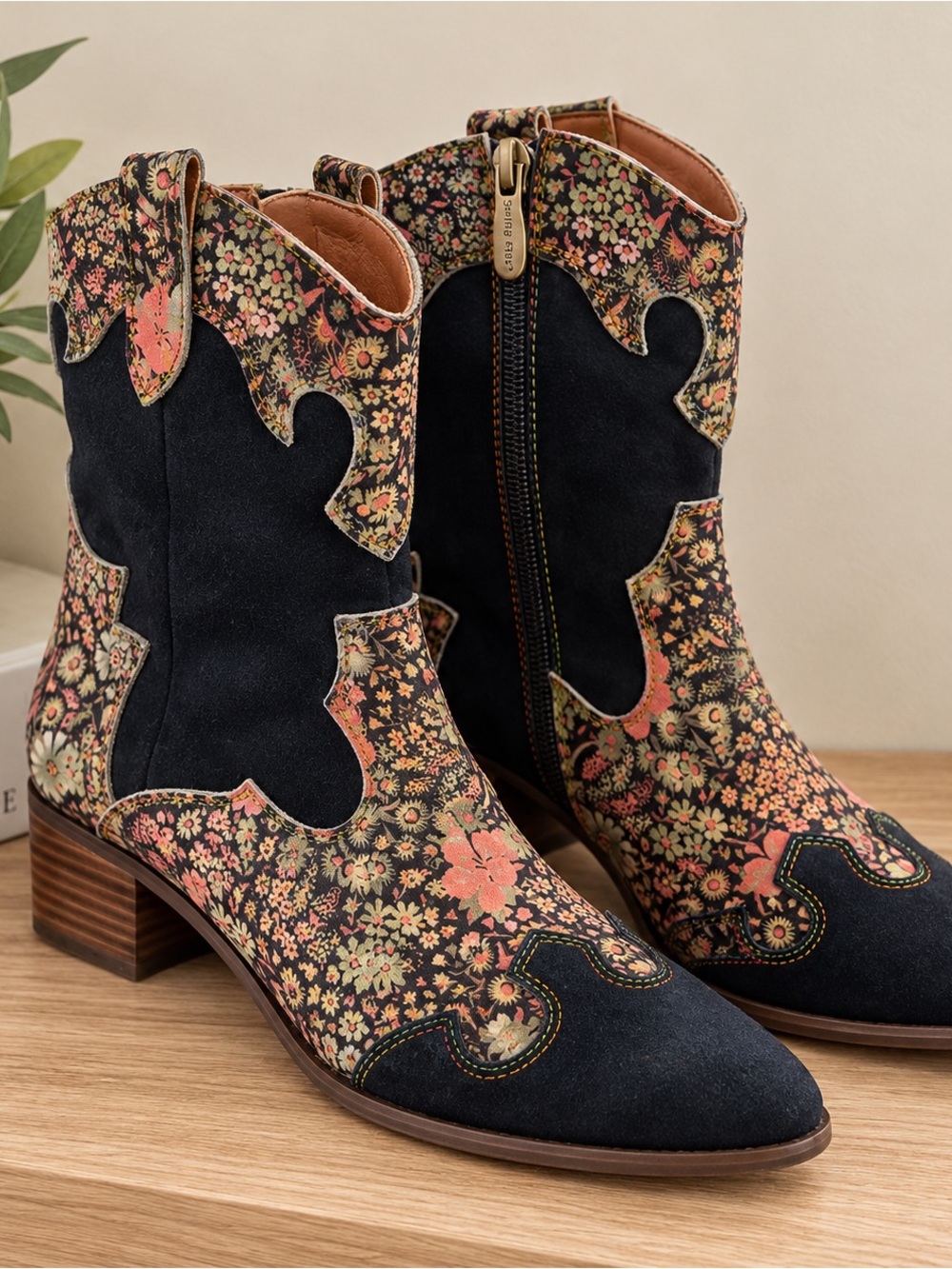 L'ATISTE Floral Patchwork Western Ankle Boots - Black & Coral